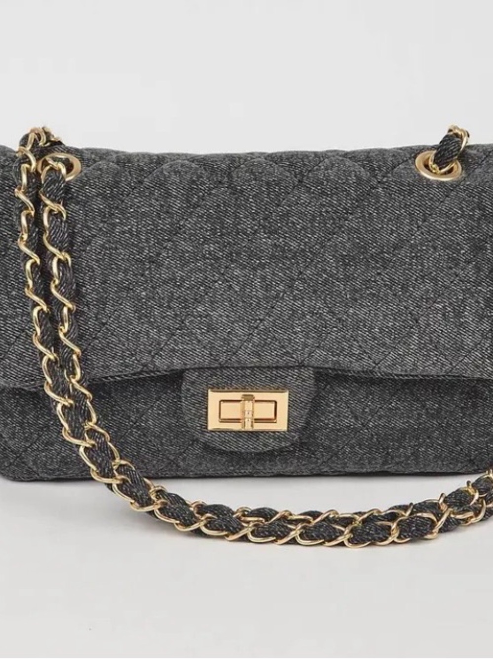 Quilted Chain-Handle Shoulder Bag in Charcoal Gray